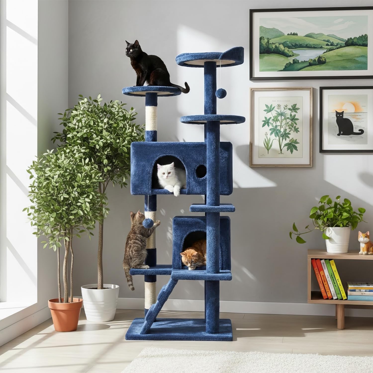 Navy Blue Multi Level Cat Tree Tower 139cm with Condo Scratching Posts Play Cent