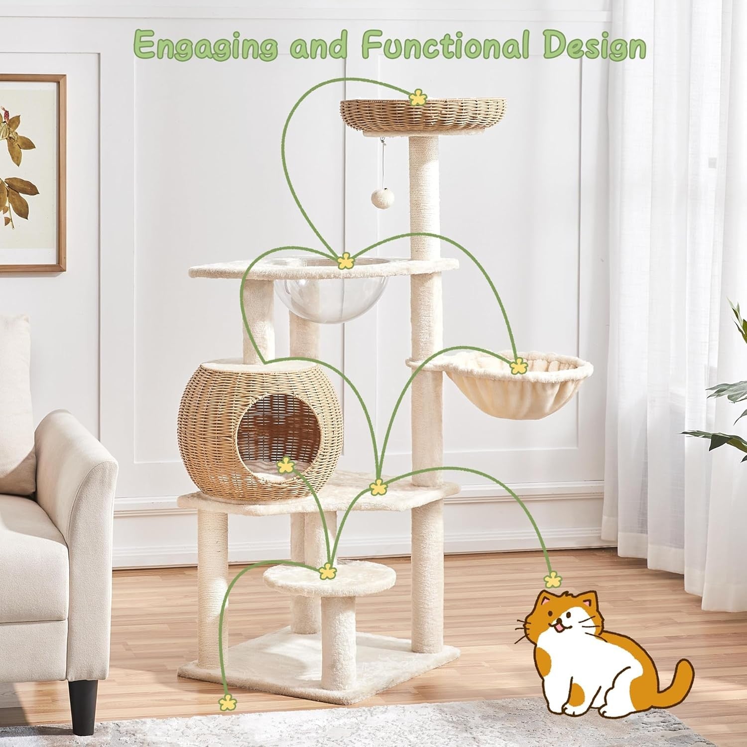 Modern Cat Tree Tower 137.5cm With Wicker Condo Clear Bowl Scratching Posts