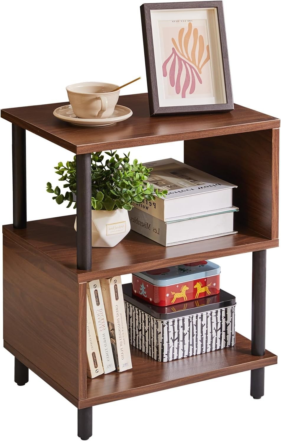 Modern S-Shaped 3-Tier Wooden Side Table with Storage – Compact & Durable