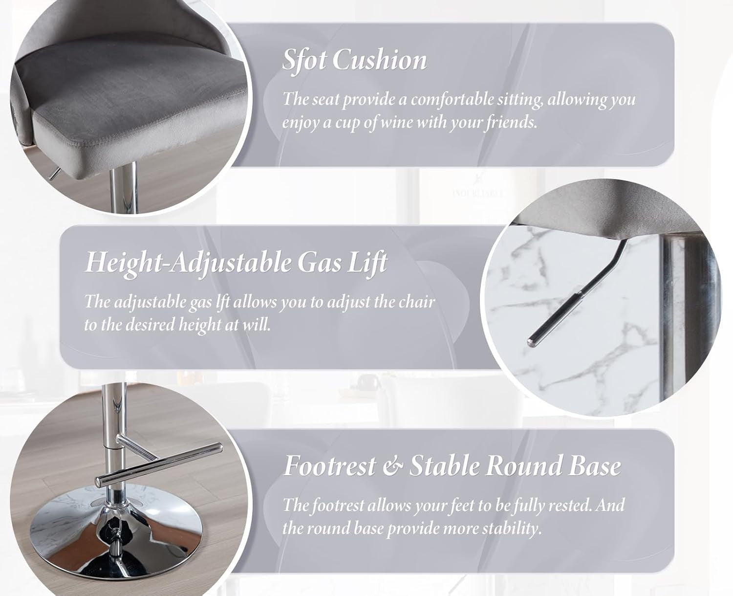 Luxury Velvet Bar Stools Set of 2 – Adjustable Swivel, Lion Accent, Grey
