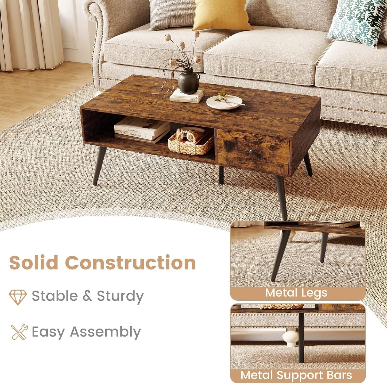 Rectangular Coffee Table with Drawer & Shelf, Rustic Brown 109x55x42cm