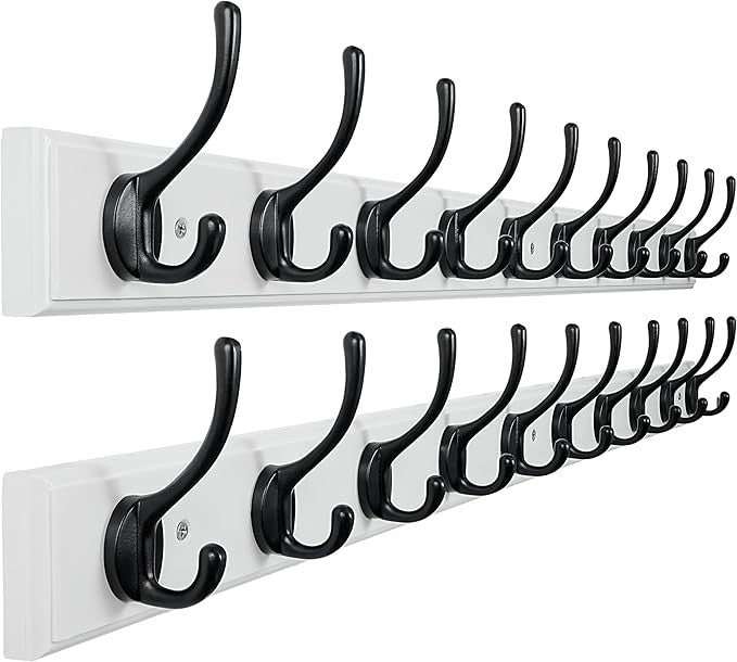 White Wall Mounted Coat Rack 2 Pack 97cm | 10 Heavy Duty Hooks Wooden Hanger