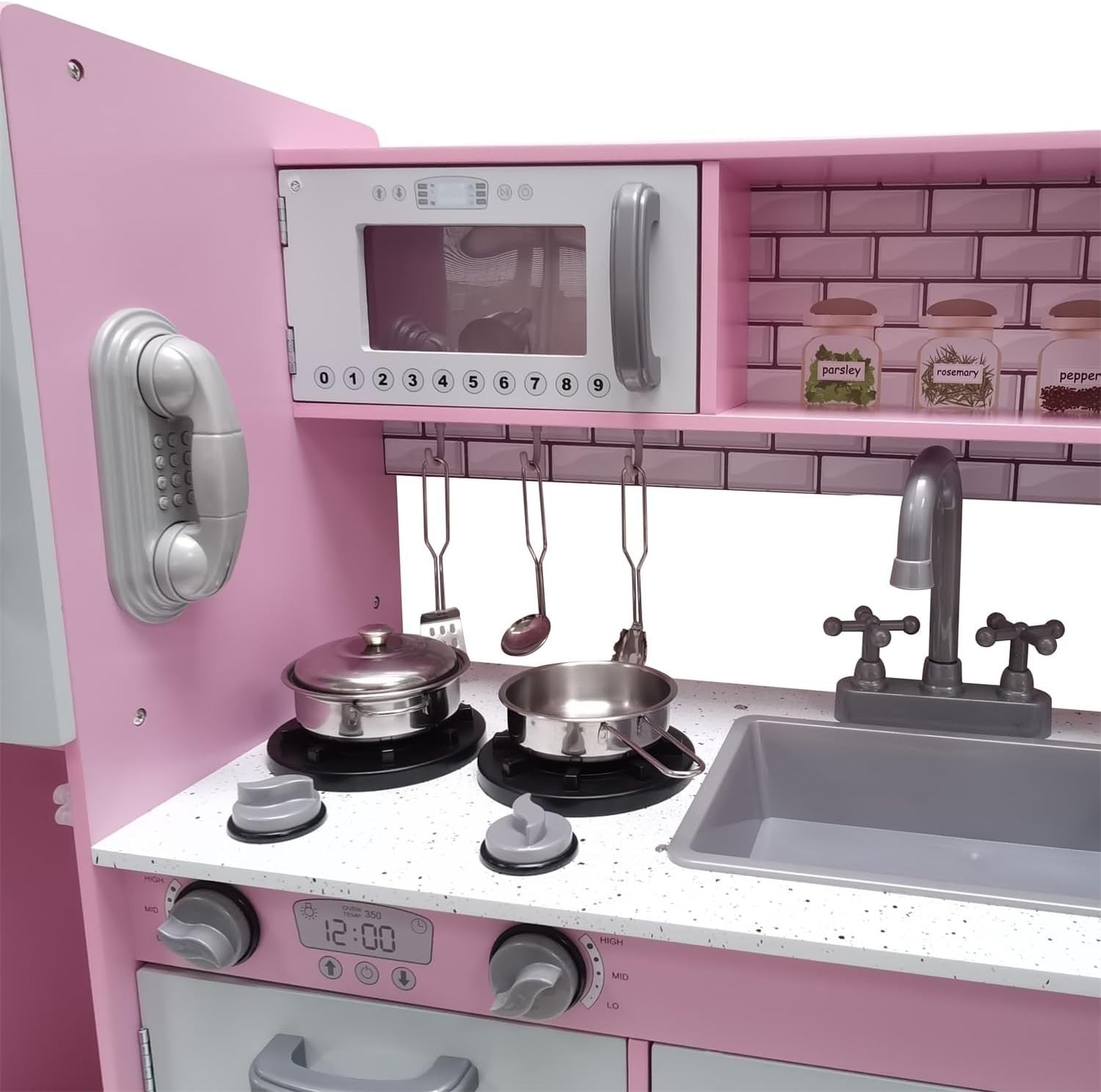 Large Wooden Kids Play Kitchen Lights Sounds Toy Set Microwave Fridge