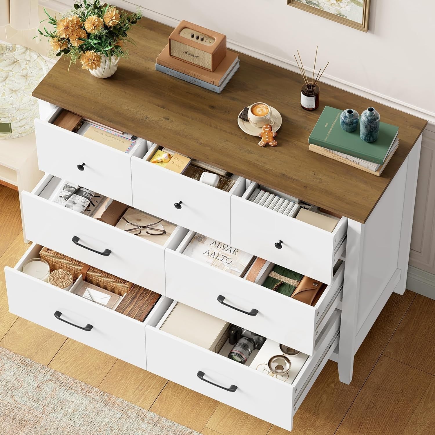 White 7 Drawer Chest with Oak Top – Modern Storage Cabinet for Bedroom & Hall