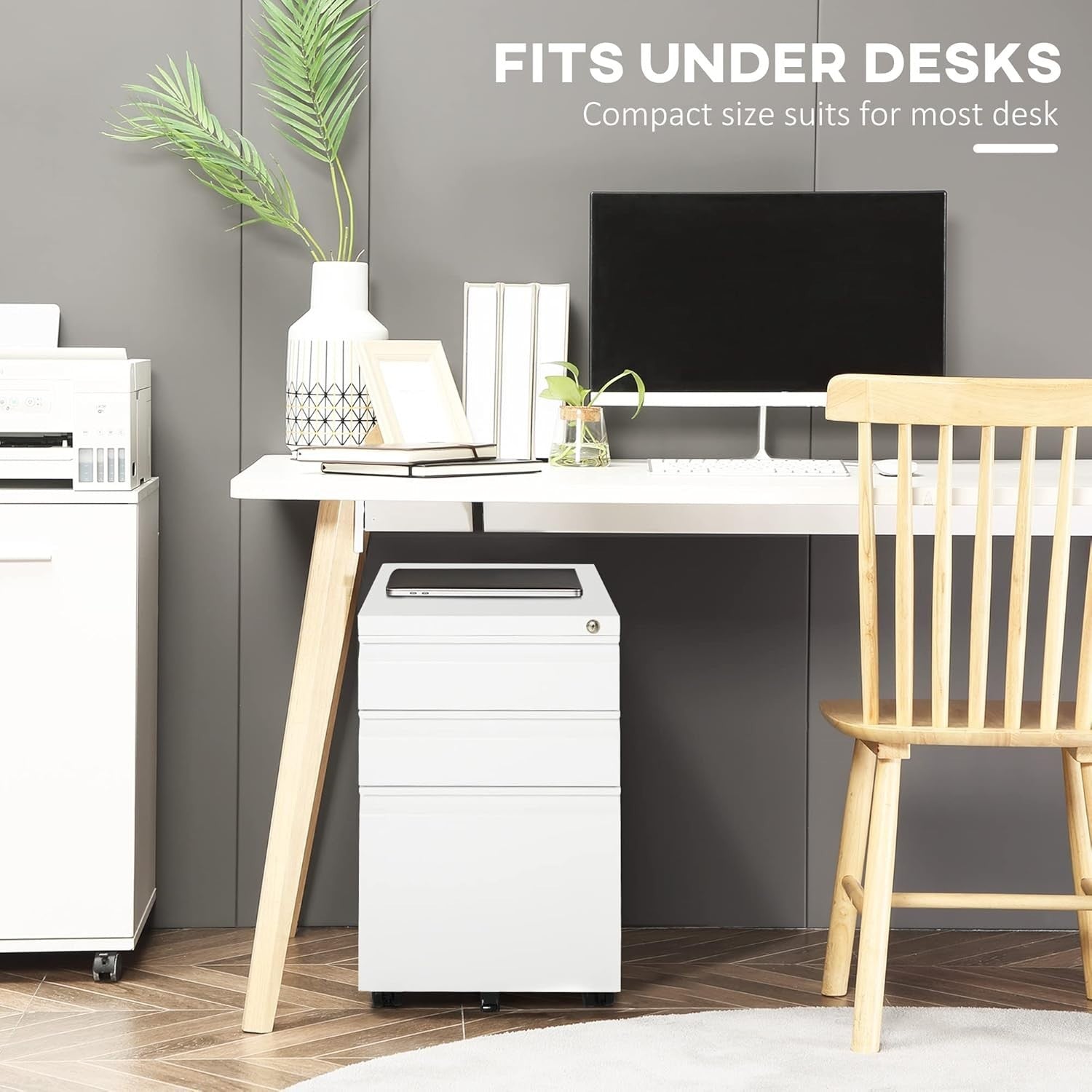 3 Drawer Mobile Filing Cabinet with Lock Under Desk Office Storage White