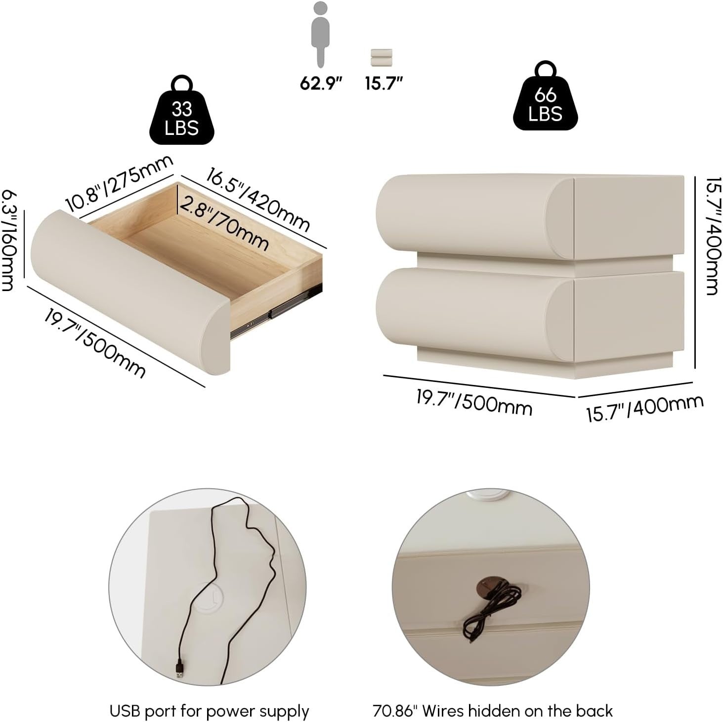 Modern 2 Drawer Bedside Table with Wireless Charger & USB Type-C – White