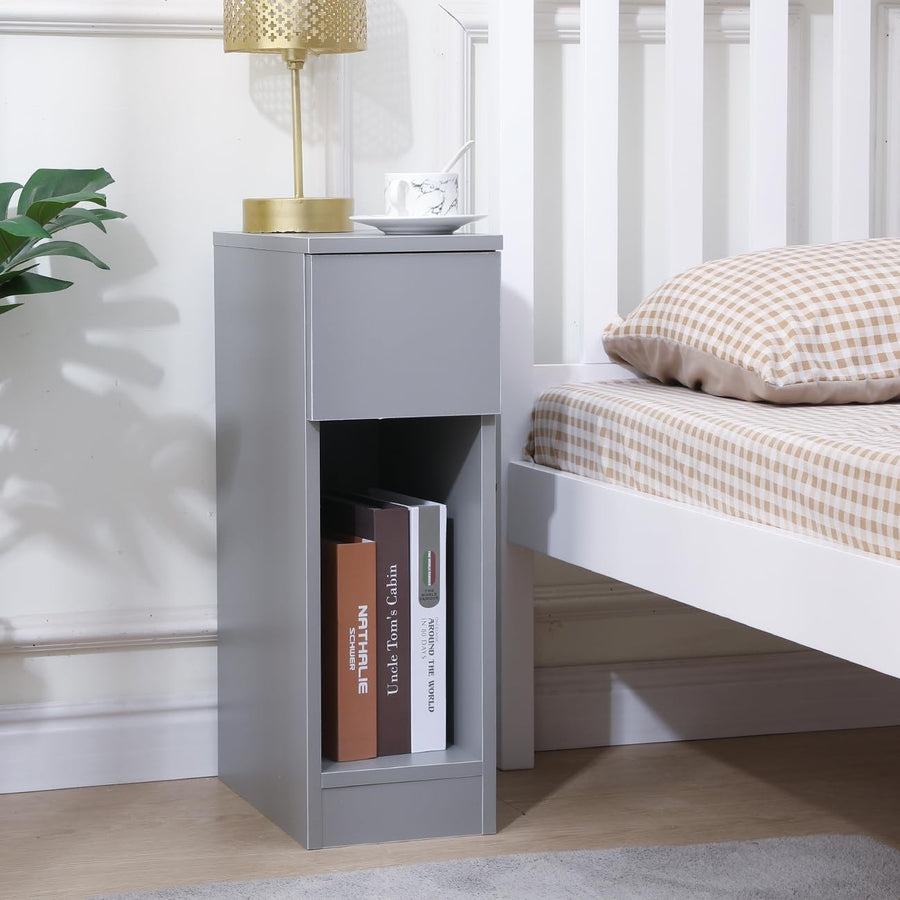 Slim Grey Bedside Table with Drawer & Shelf Narrow Nightstand Small Storage