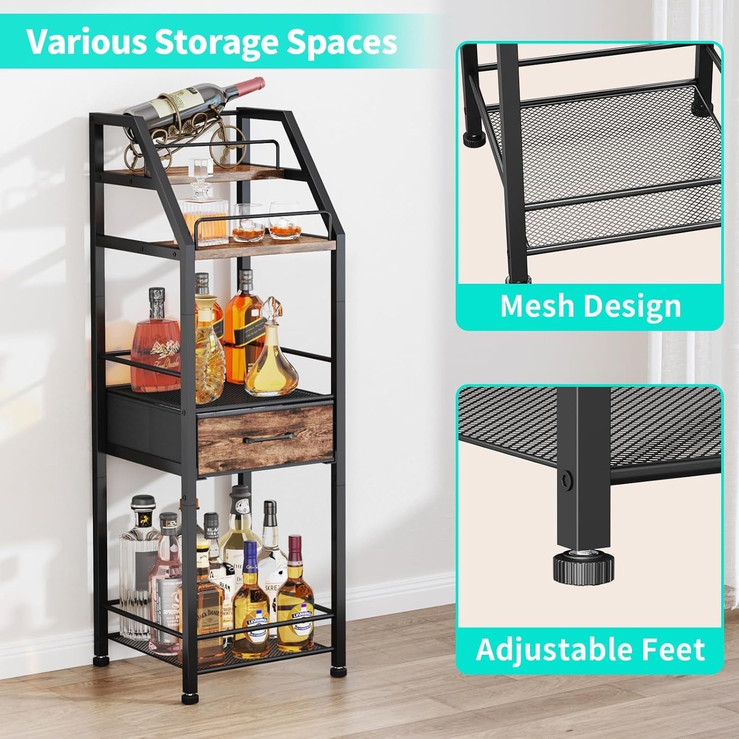 4-Tier Wine Bar Cabinet with Drawer & Glass Holder, Freestanding Liquor Shelf