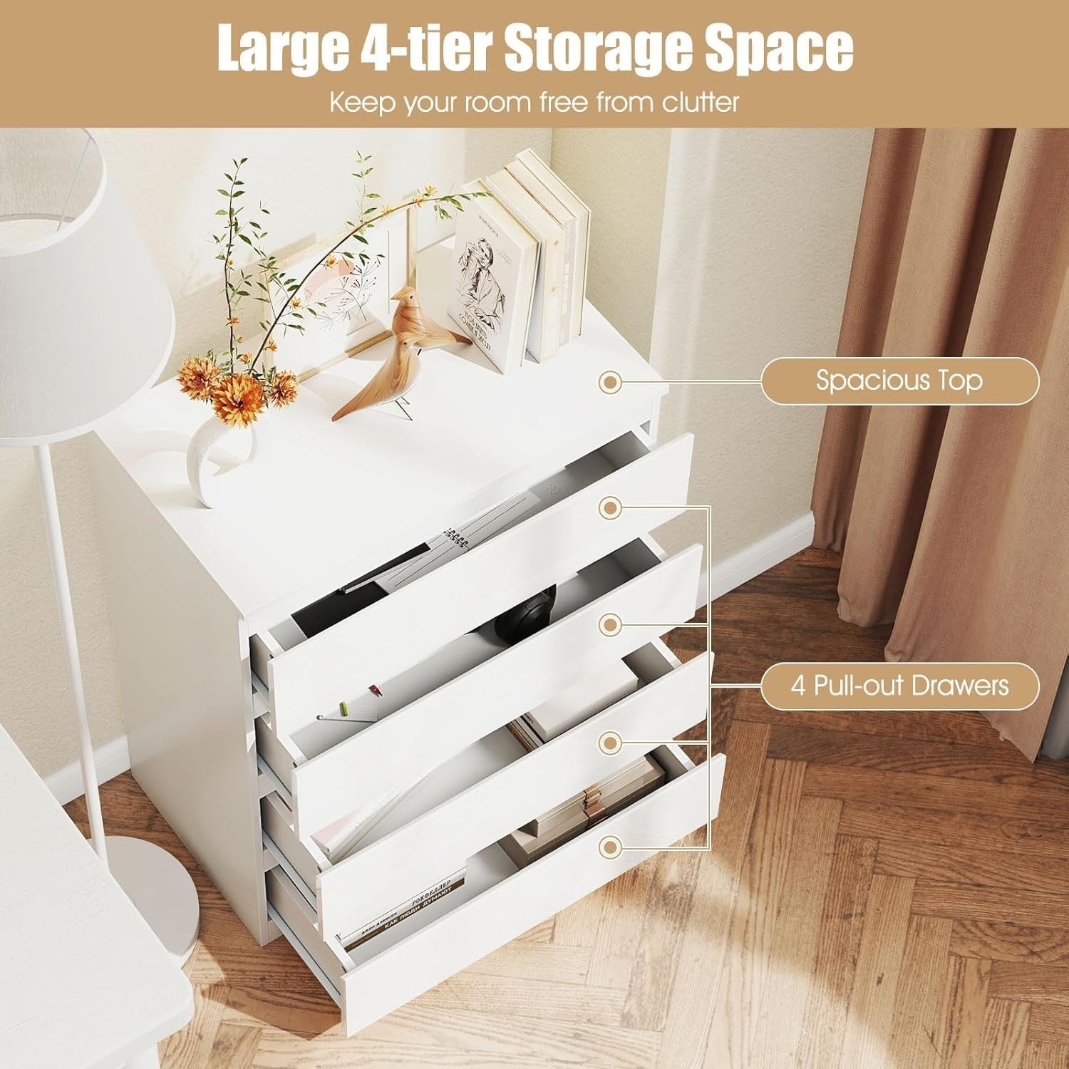 White High Gloss 4 Drawer Chest Modern Storage Unit for Bedroom 70x89cm