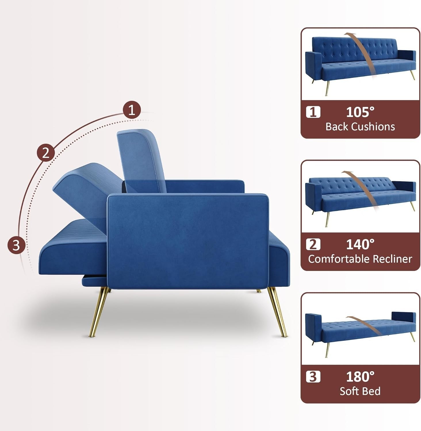 Blue Velvet Sofa Bed 3 Seater Click Clack Couch for Lounge Home Office