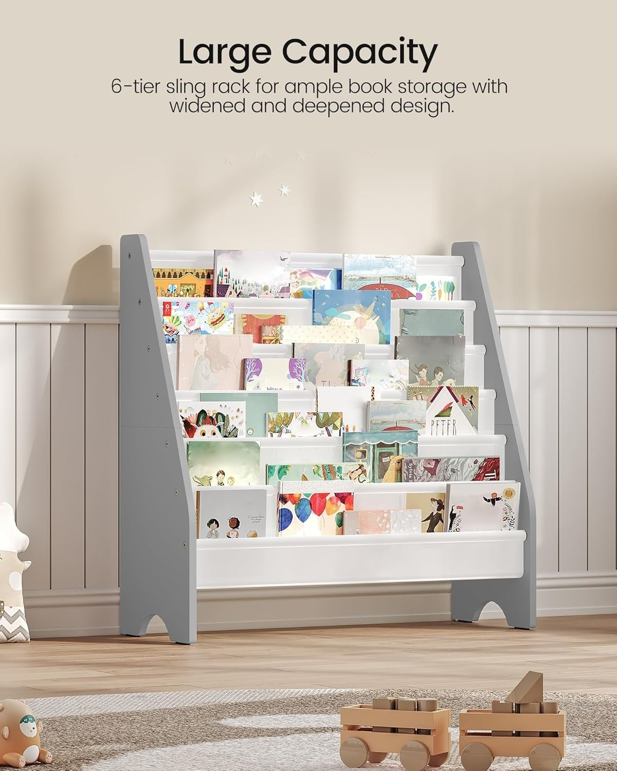 6 Tier Kids Bookshelf White Gray Large Capacity Sling Book Organizer