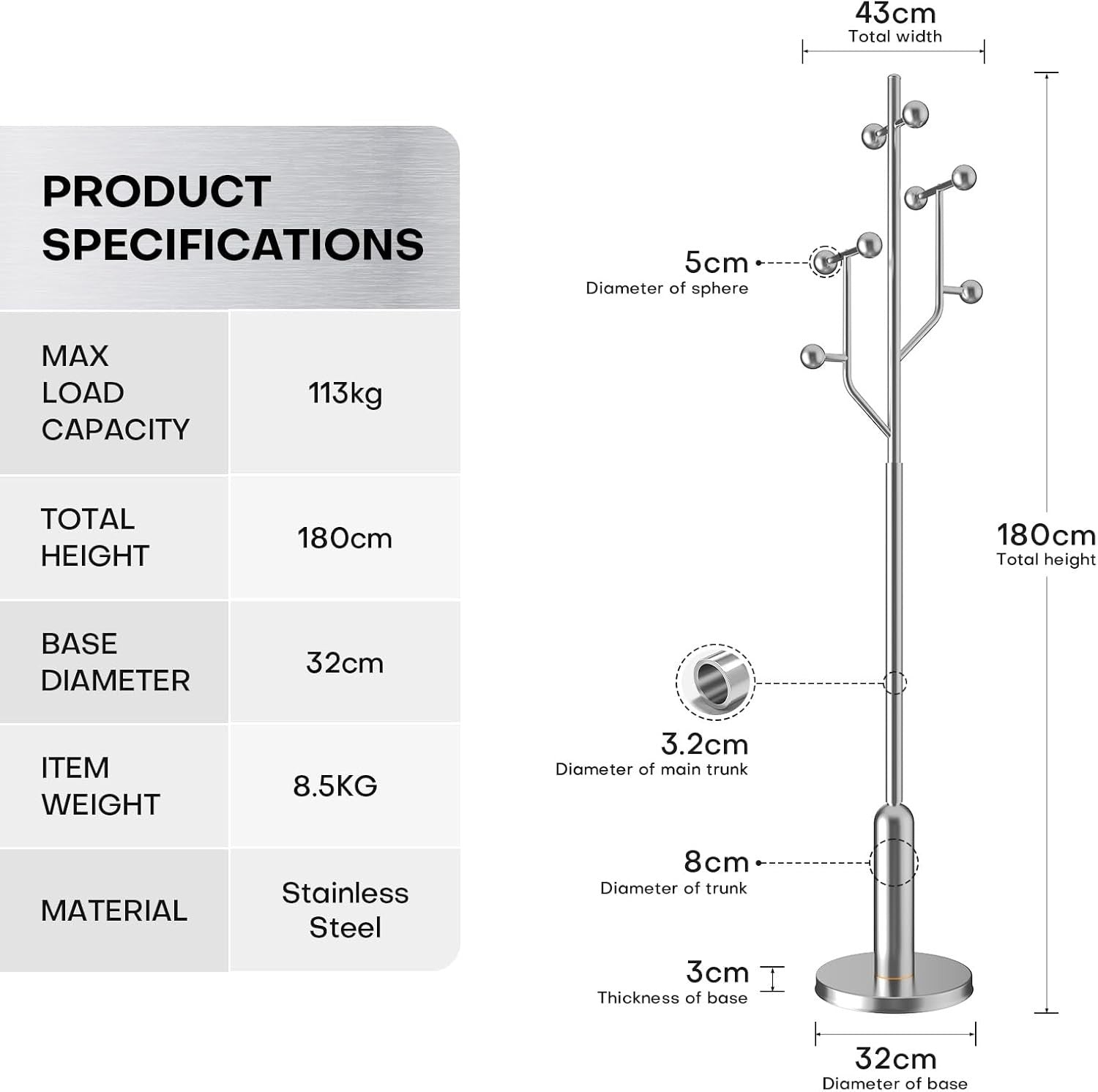 Luxury Stainless Steel Coat Rack 180cm Marble Base Modern Freestanding Stand