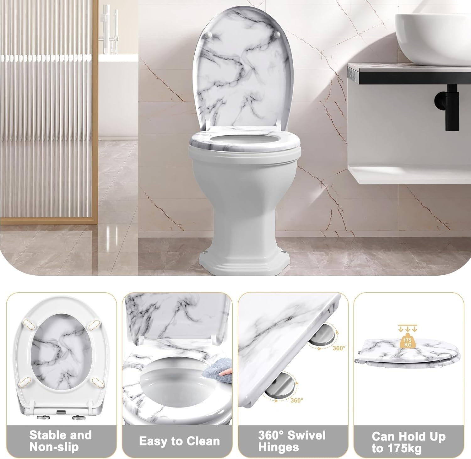 Soft Close Toilet Seat Quick Release O-Shape Duroplast 175kg Load Capacity