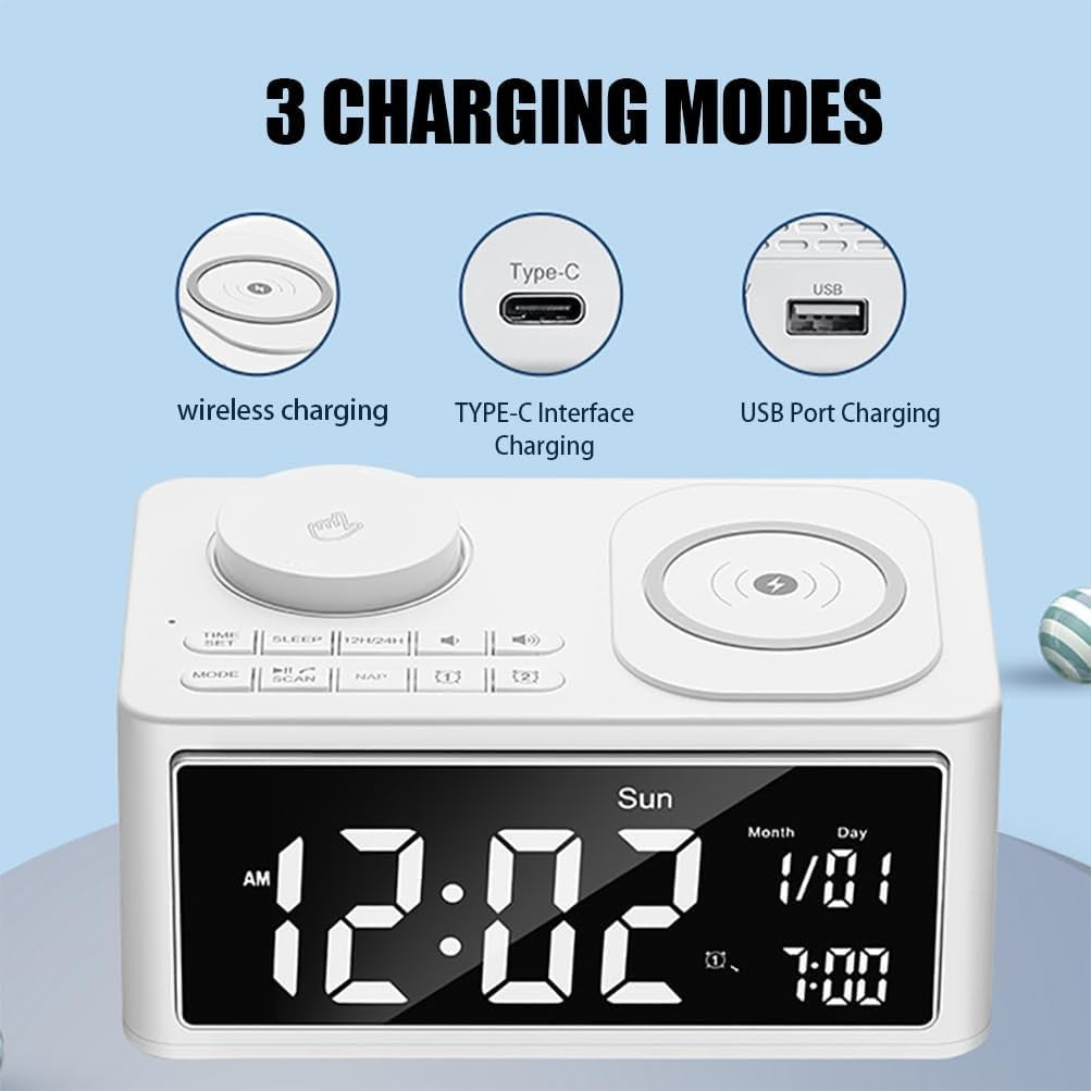Wireless Charging Alarm Clock Bluetooth Speaker FM Radio LED Night Light