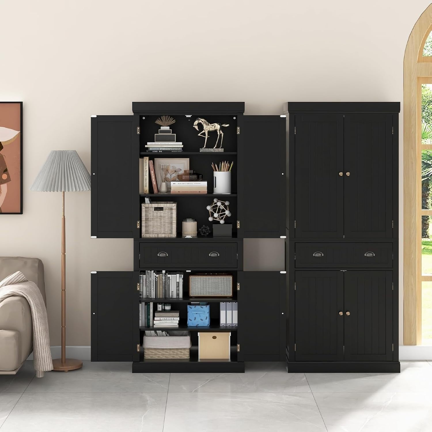 Black Tall Kitchen Cupboard 183cm Pantry Storage Cabinet Drawer Shelves