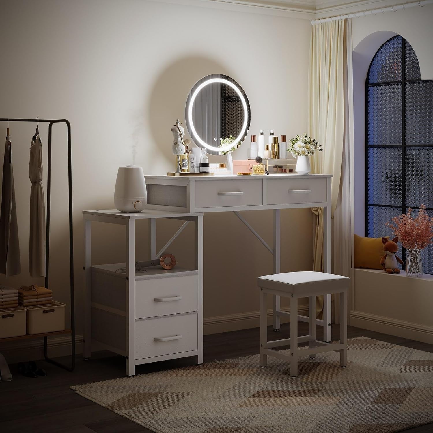 Vanity Makeup Dressing Table Set with LED Mirror Stool Storage White Modern