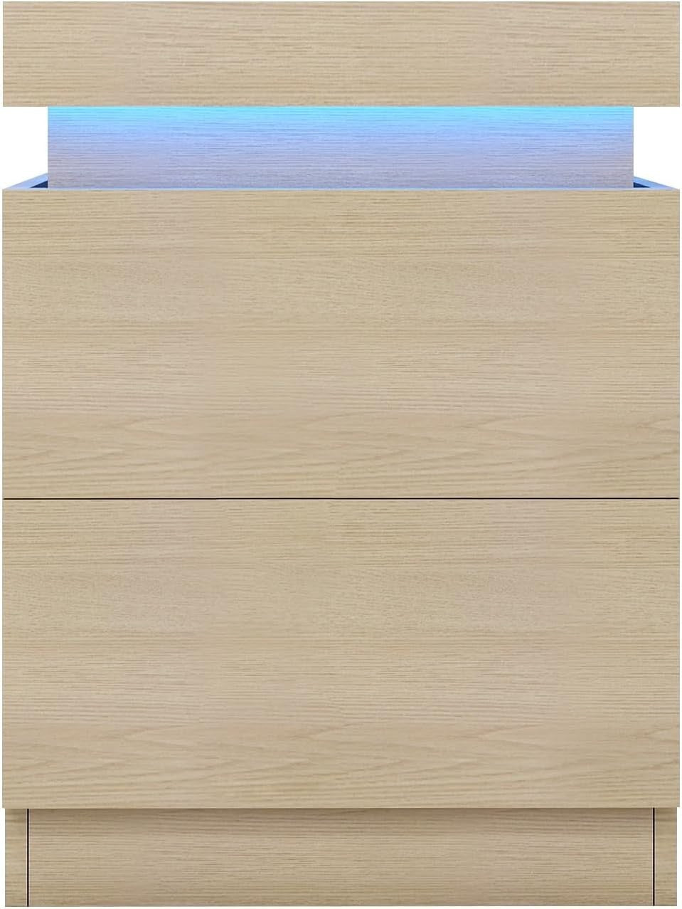 Modern Oak LED Bedside Table with USB Charging, 2 Drawers & Sliding Top Cabinet