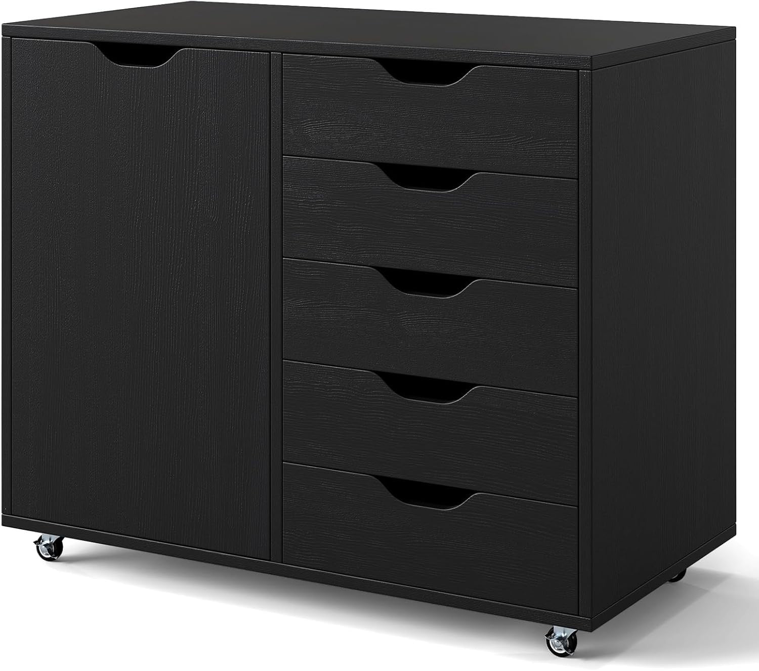 Black Mobile 5 Drawer File Cabinet with Side Cupboard Rolling Office