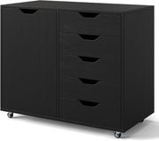 Black Mobile 5 Drawer File Cabinet with Side Cupboard Rolling Office