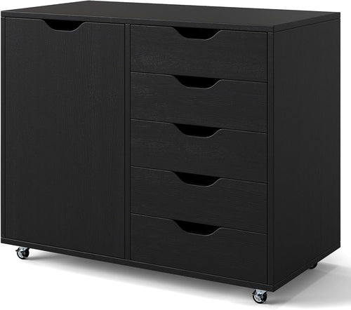 Black Mobile 5 Drawer File Cabinet with Side Cupboard Rolling Office