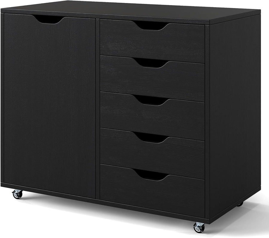 Black Mobile 5 Drawer File Cabinet with Side Cupboard Rolling Office
