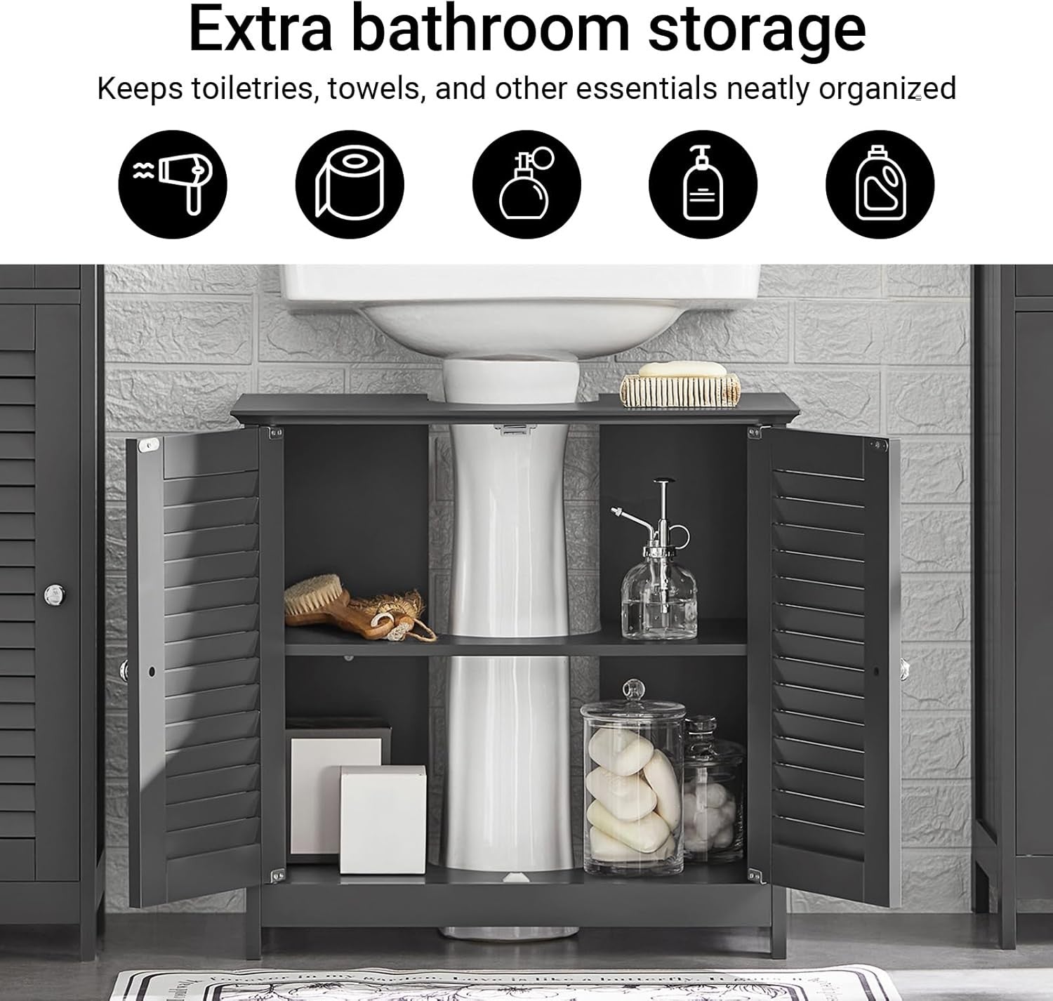 Dark Grey Under Sink Bathroom Cabinet with Shutter Doors & Adjustable Shelf