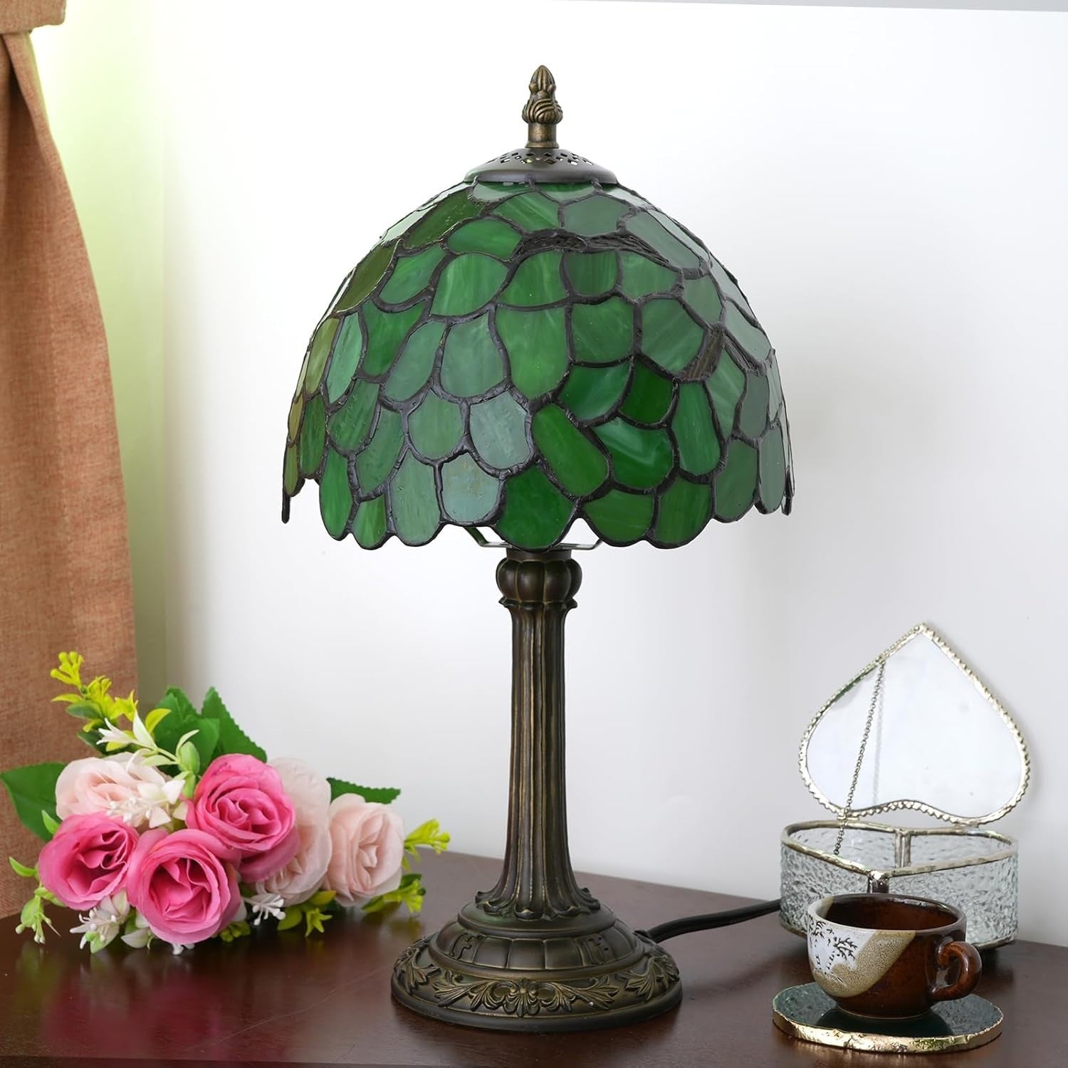 Stained Glass Tiffany Table Lamp Green Leaf 8x14 Inch Desk Light