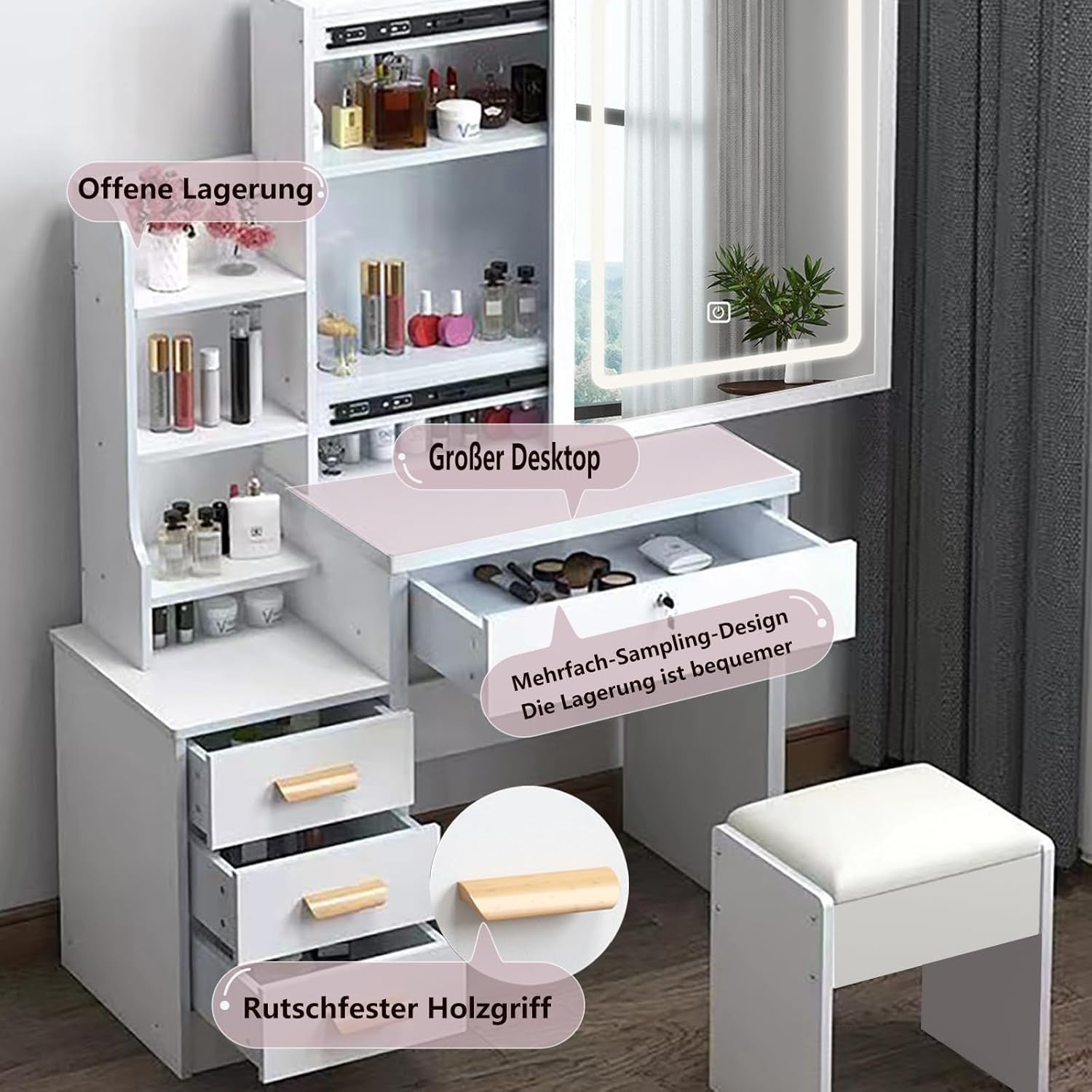 White Dressing Table Vanity Set w/ LED Light Mirror Storage Drawers Modern
