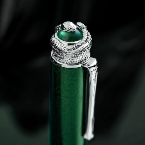 Emerald Green Piston Fountain Pen Fine Nib Snake Engraved Metal Gift Set