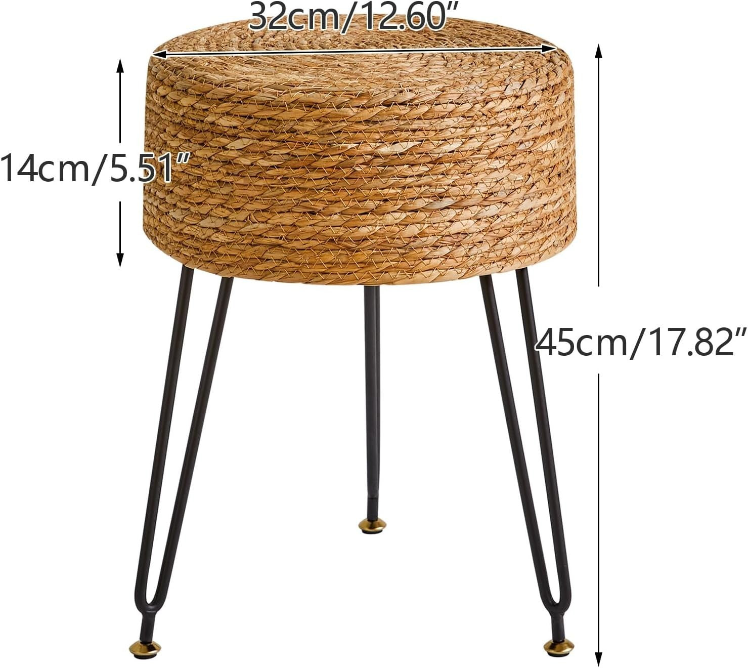 Natural Seagrass Footstool Round Woven Pastoral Stool Metal Legs 32×32×45cm