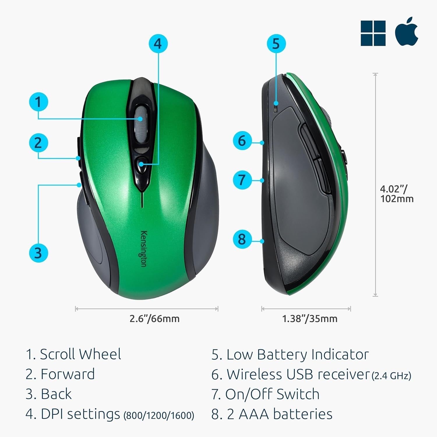 Wireless Mouse Mid Size Ergonomic USB Optical with Nano Receiver