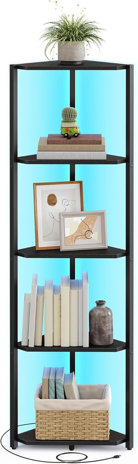 5-Tier Corner Shelf with LED Lights | Modern Slim Display Unit for Living Room