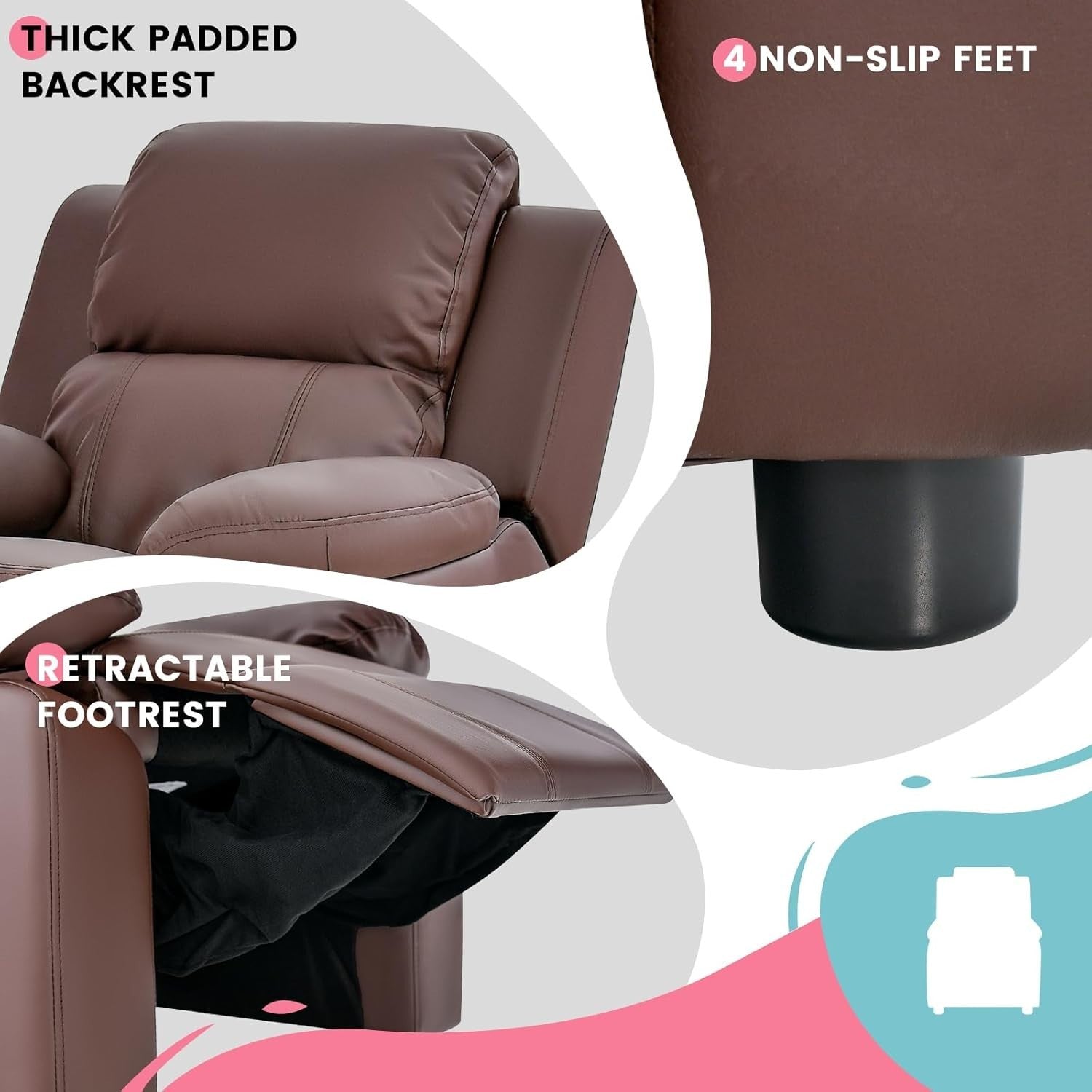 Kids Recliner Chair PU Leather Adjustable Backrest & Footrest with Storage Arms