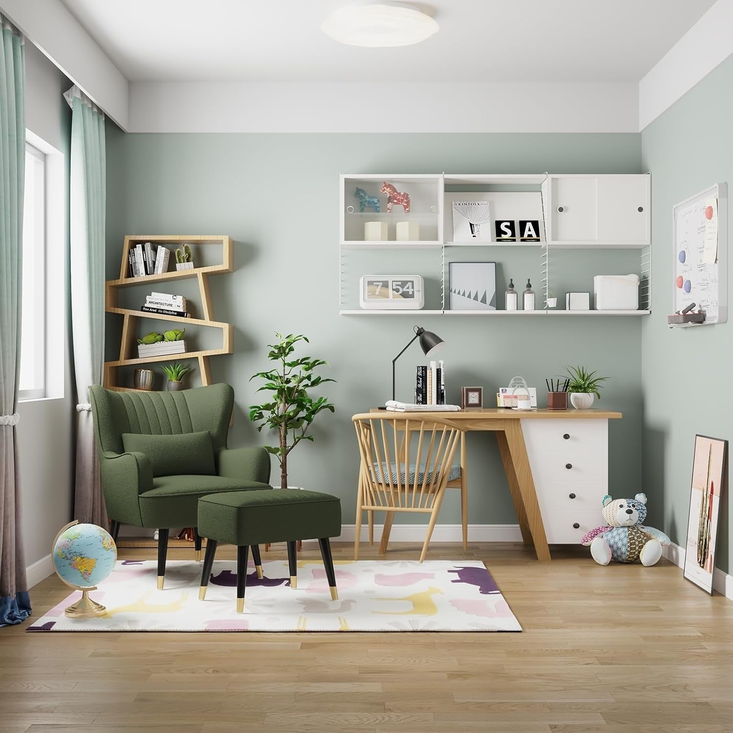Teddy Fleece Armchair with Footstool, Lounge Chair for Bedroom Office