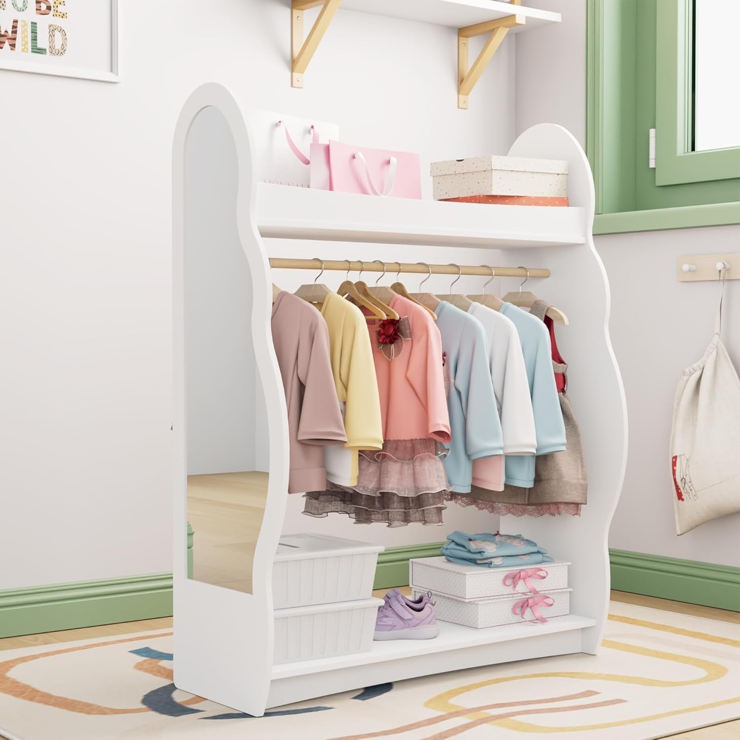 Kids Wardrobe with Mirror & Hanging Rail, No Drawers, White Cloud Design