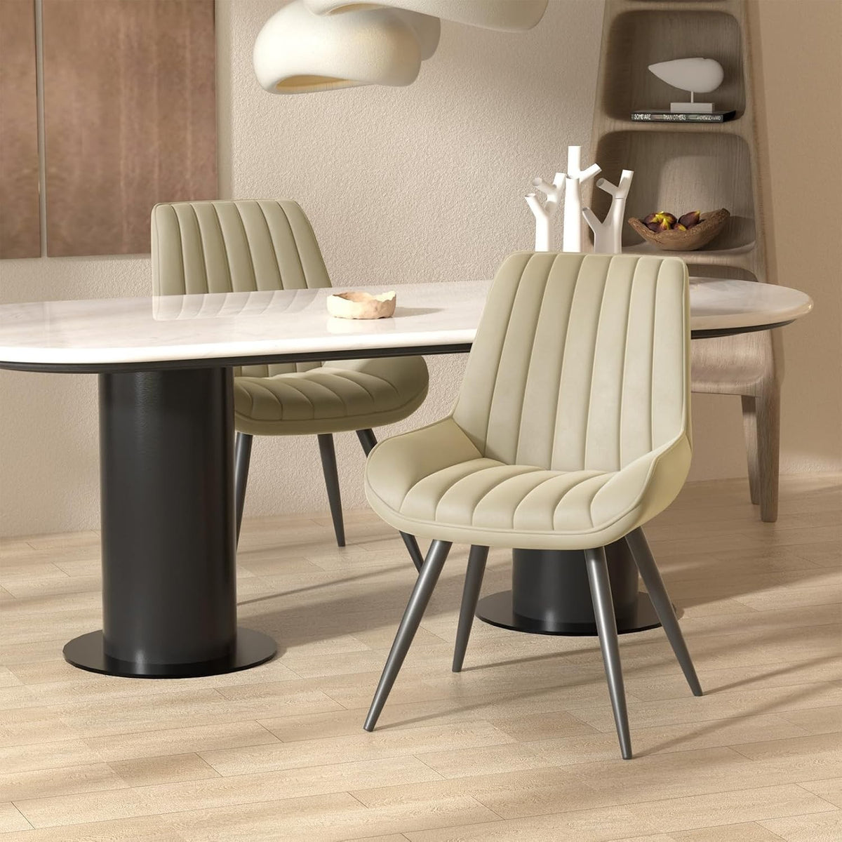 2 Beige Dining Chairs | Upholstered Armchairs Padded Fabric Metal Legs