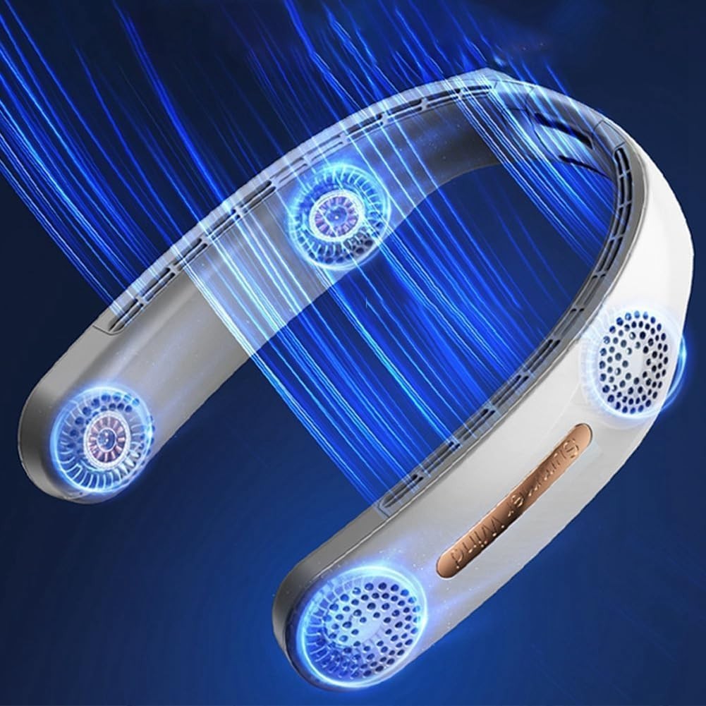 Rose Gold 3-Speed Neck Fan – 360° Airflow Twin Turbo Design, USB Rechargeable
