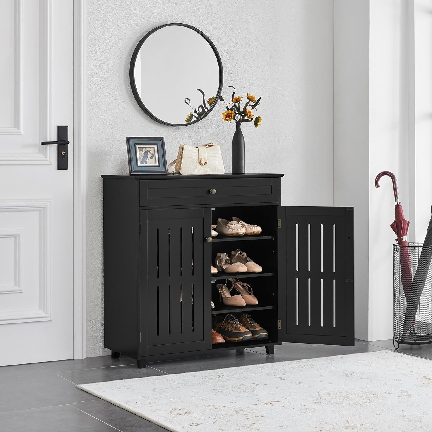 4-Tier Black Shoe Cabinet with Drawer & Adjustable Shelves – Space Saver