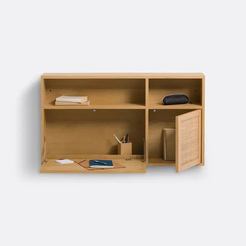 Oak Veneer Cane Wall Desk – 107cm Folding Compact Office Unit with Storage