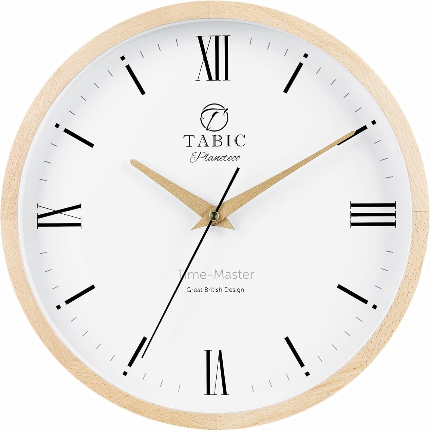 Silent Wall Clock Roman Numerals Natural Wood Glass Face Large 30cm Decor
