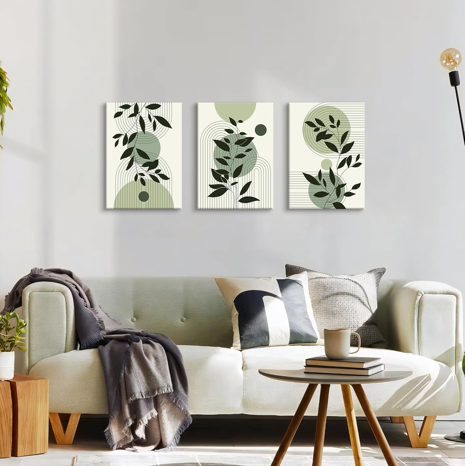 Boho Sage Green Framed Canvas Wall Art Set of 3 Leaf Prints Living Room Decor