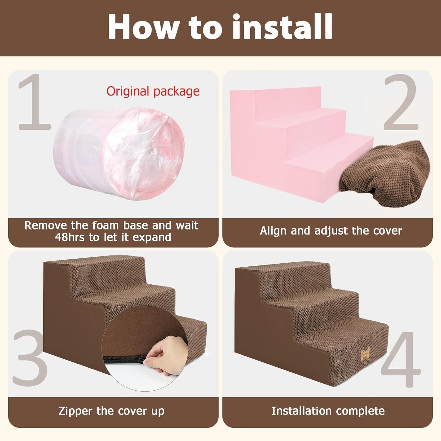 3-Step Dog Stairs Non-Slip Pet Ramp for Small Dogs Cats Brown