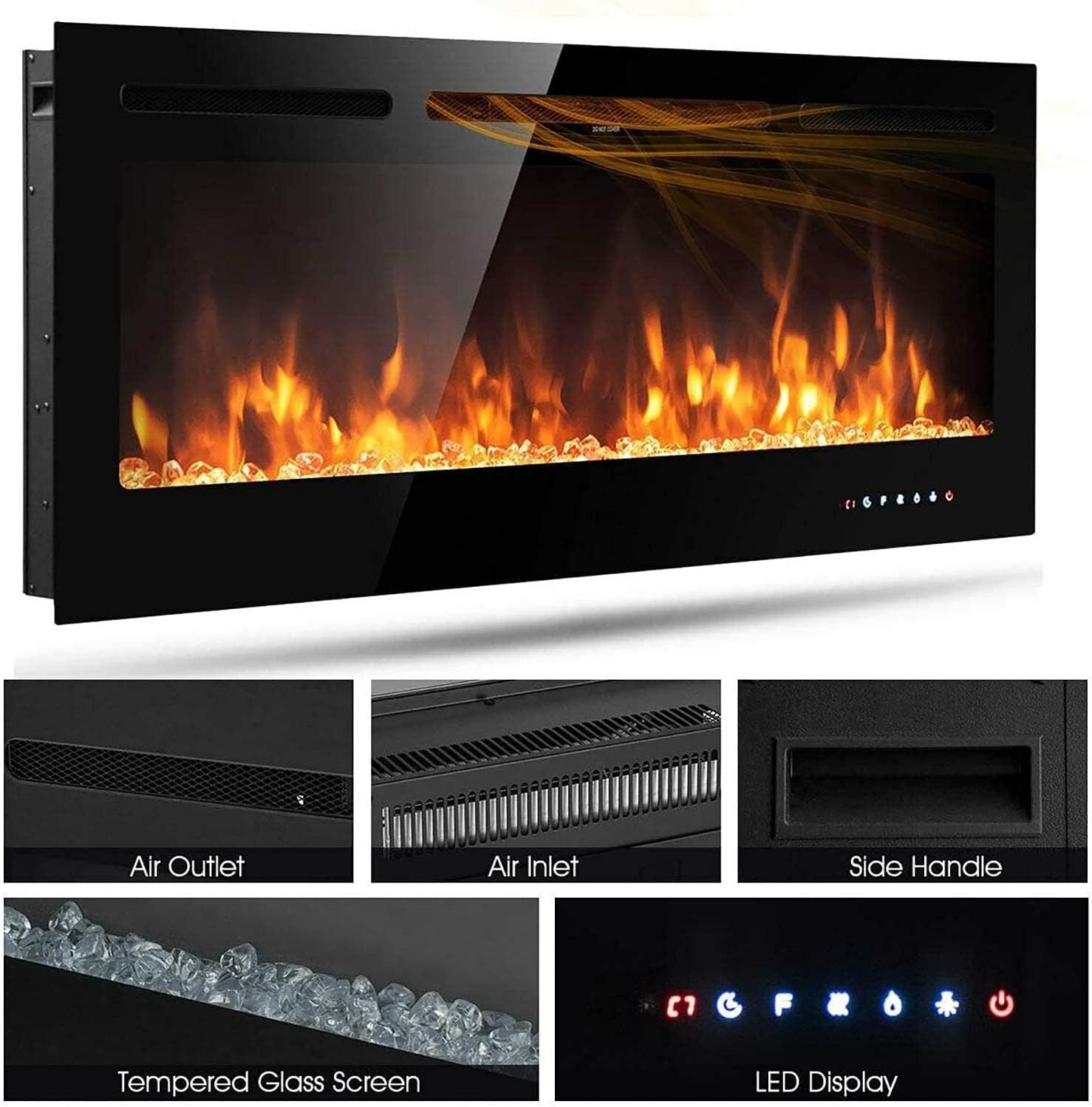 Wall Mounted Electric Fireplace 1800W Touch Remote LED Flame Adjustable