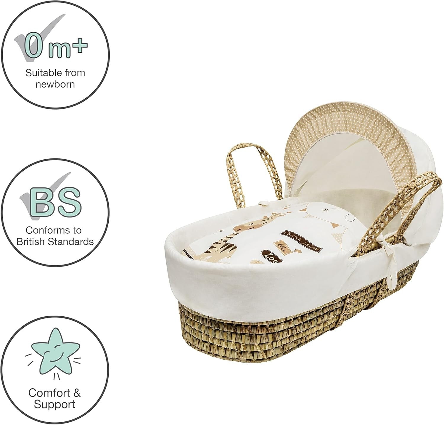 Grey Wicker Moses Basket with Rocking Stand & Mattress Baby Bed Crib Zoo Time