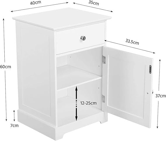 White Bedside Tables Set of 2 | Wooden Nightstands with Drawer & Cupboard