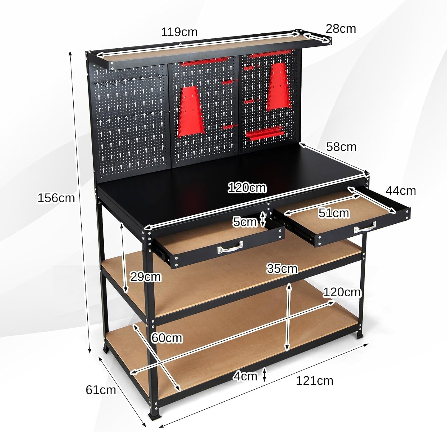 Heavy Duty Garage Workbench with Pegboard 2 Drawers Shelves 121x61 Tool Station