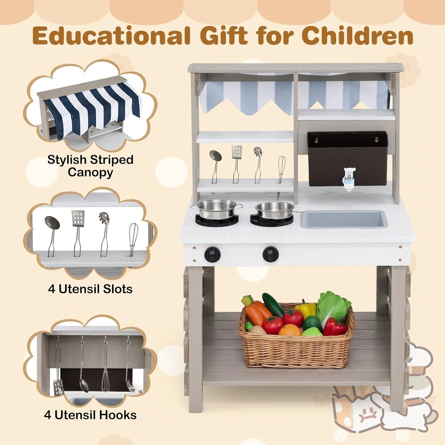 Outdoor Wooden Mud Kitchen Kids Play Cooker Grocery Stand Grey White