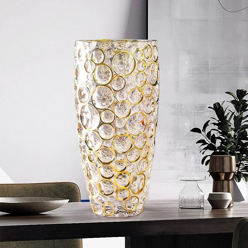 Large Crystal Glass Flower Vase 11.8in Hand Painted Gold Modern Home Décor