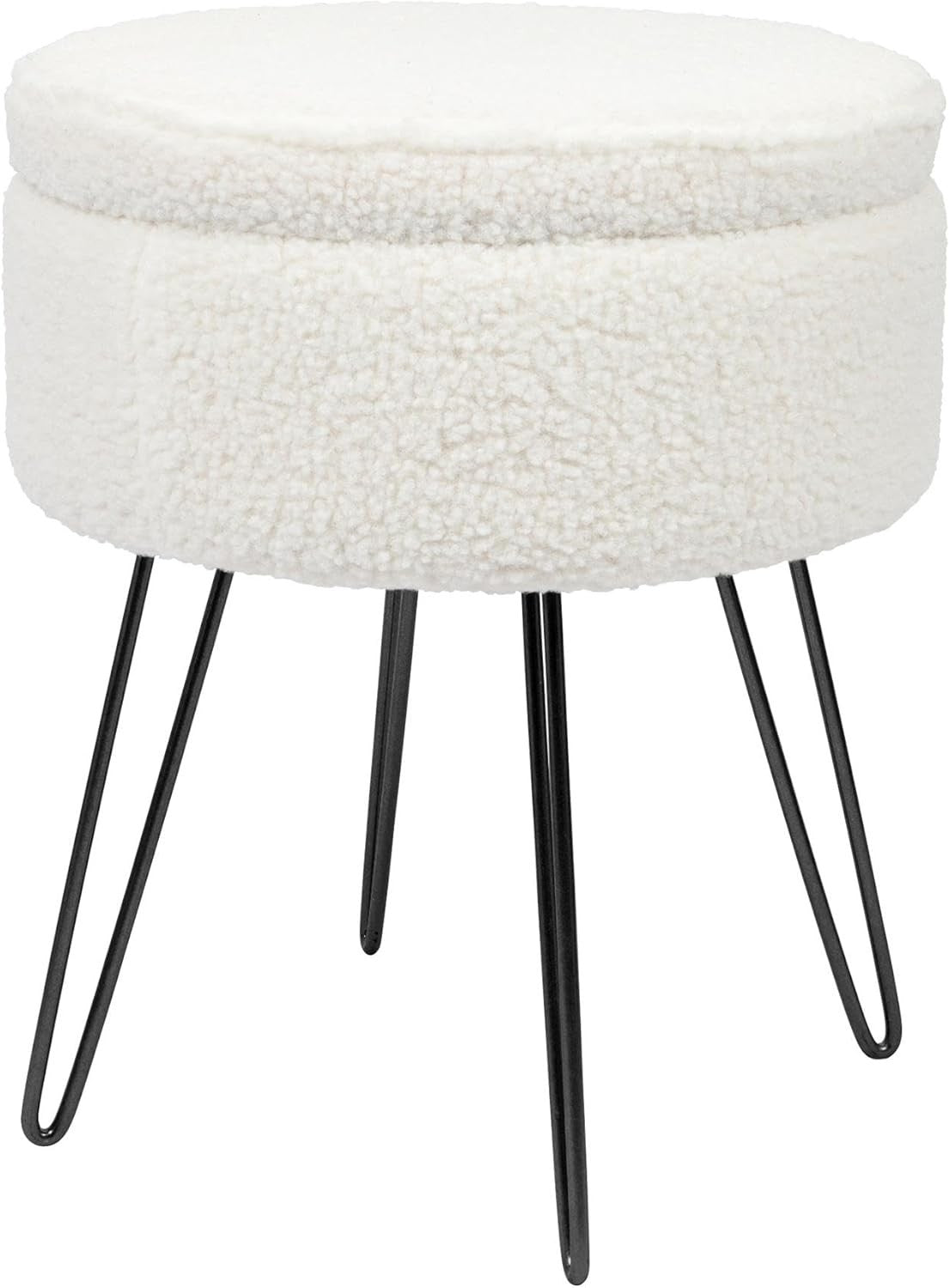 Cream Bouclé Round Footstool with Storage & Black Hairpin Legs – Modern Vanity