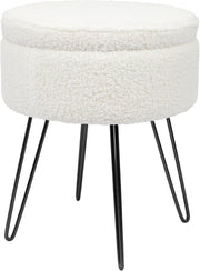 Cream Bouclé Round Footstool with Storage & Black Hairpin Legs – Modern Vanity